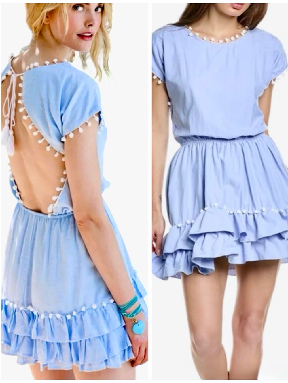PEIXOXO Nissi Sky Blue Ruffle Mini Dress w Pom-Poms & Open Back